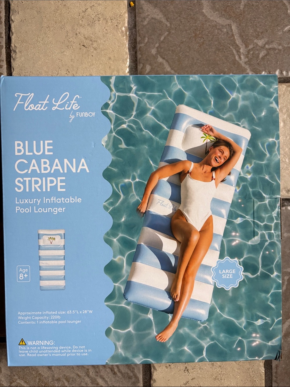 New Float Life Blue Cabana Stripe Luxury Inflatable Pool Lounger large